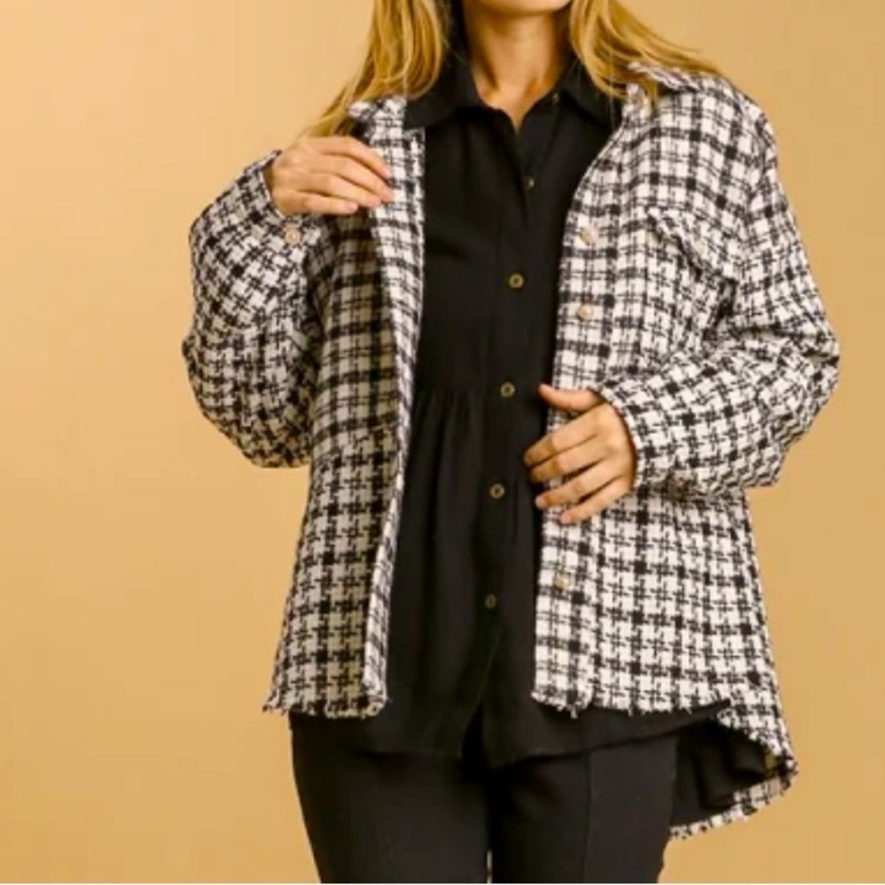 Umgee Black and White Plaid Tweed Jacket, 2X